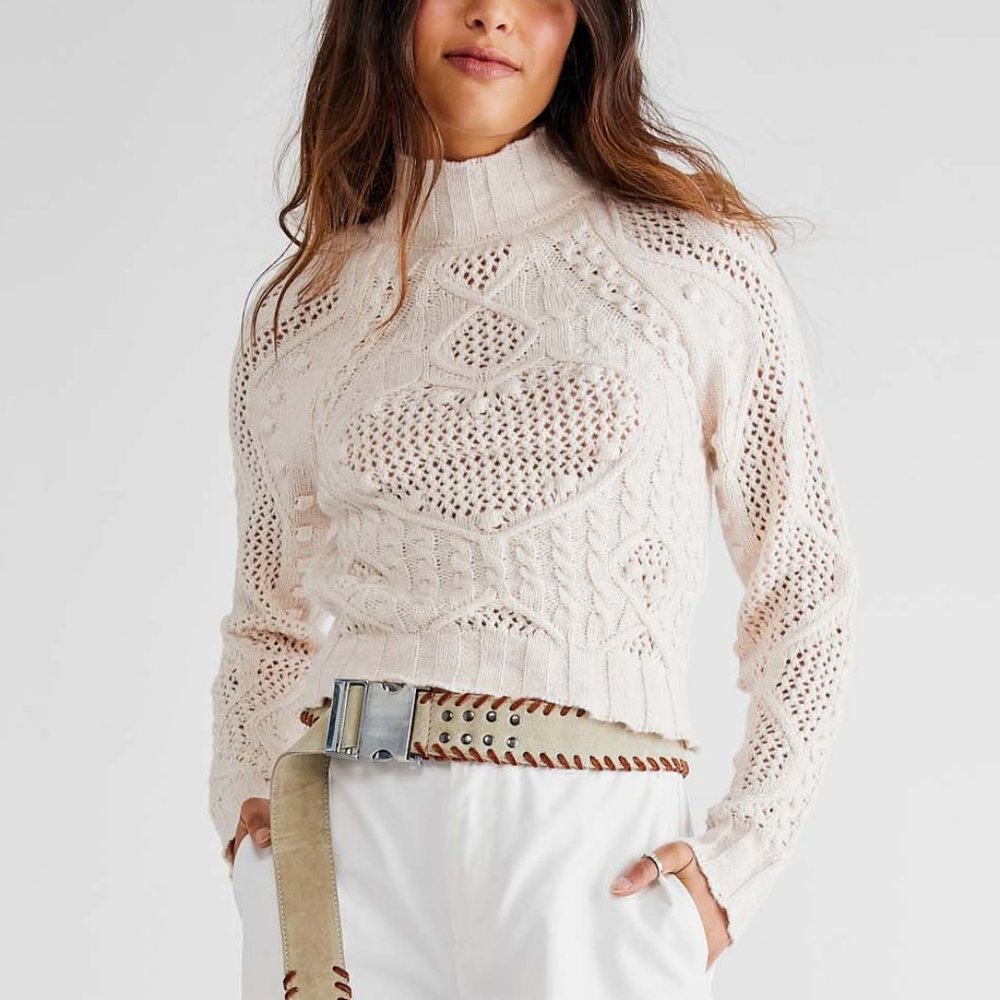 Free People Reina Cable Pullover / Powder Puff NWOT